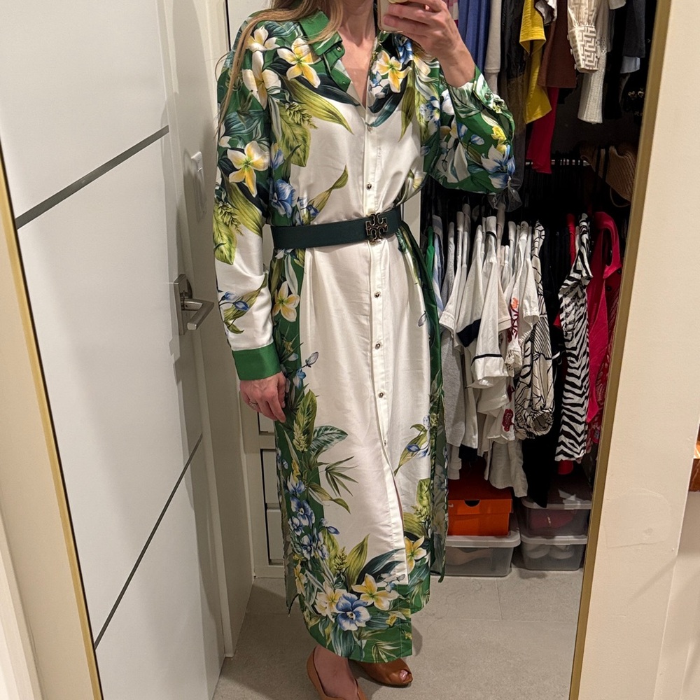 Zara satin Green Floral button up shirt Dress M